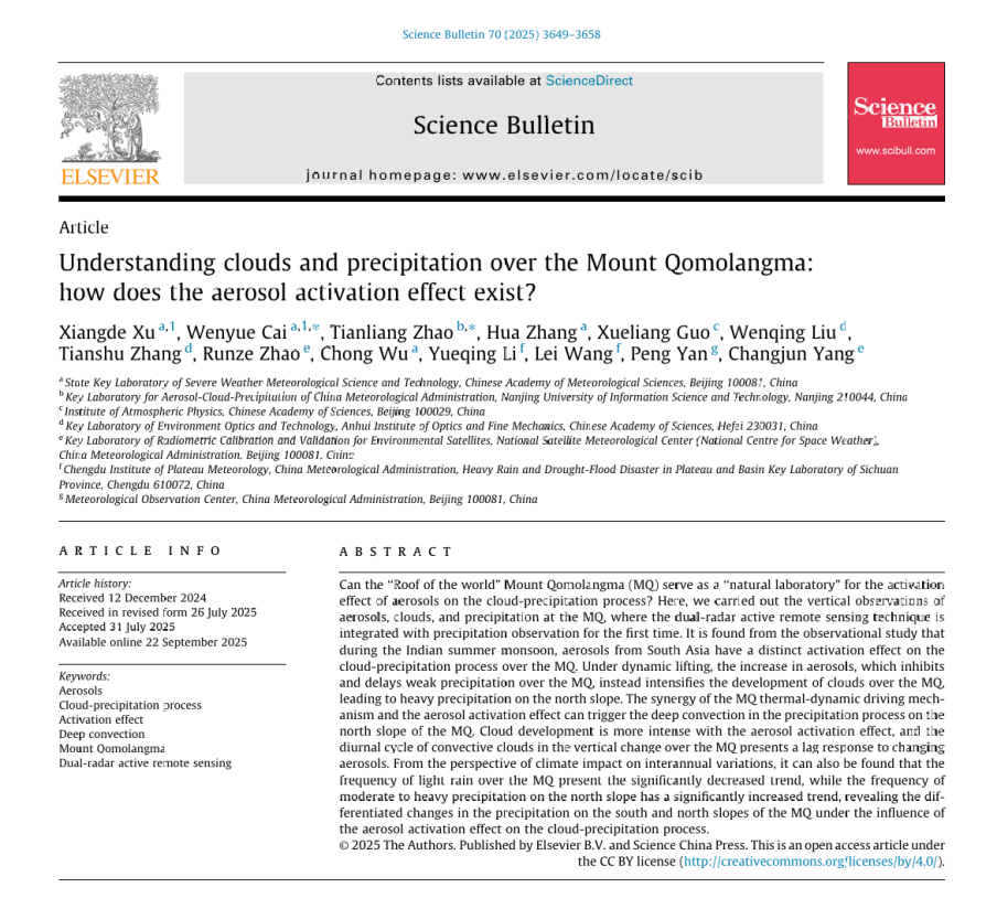 徐祥德院士团队领衔在Science Bulletin发文揭示外源输入型气溶胶对珠峰云降水过程存在显著激活效应 徐祥德院士团队领衔在Science Bulletin发文揭示外源输入型气溶胶对珠峰云降水过程存在显著激活效应